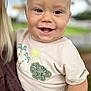 baby, child, clothing, cute, dinosaur, expression, face, happy, head, holding, infant, outdoor, patch, person, portrait, shirt, skin, smiling, sun, teeth