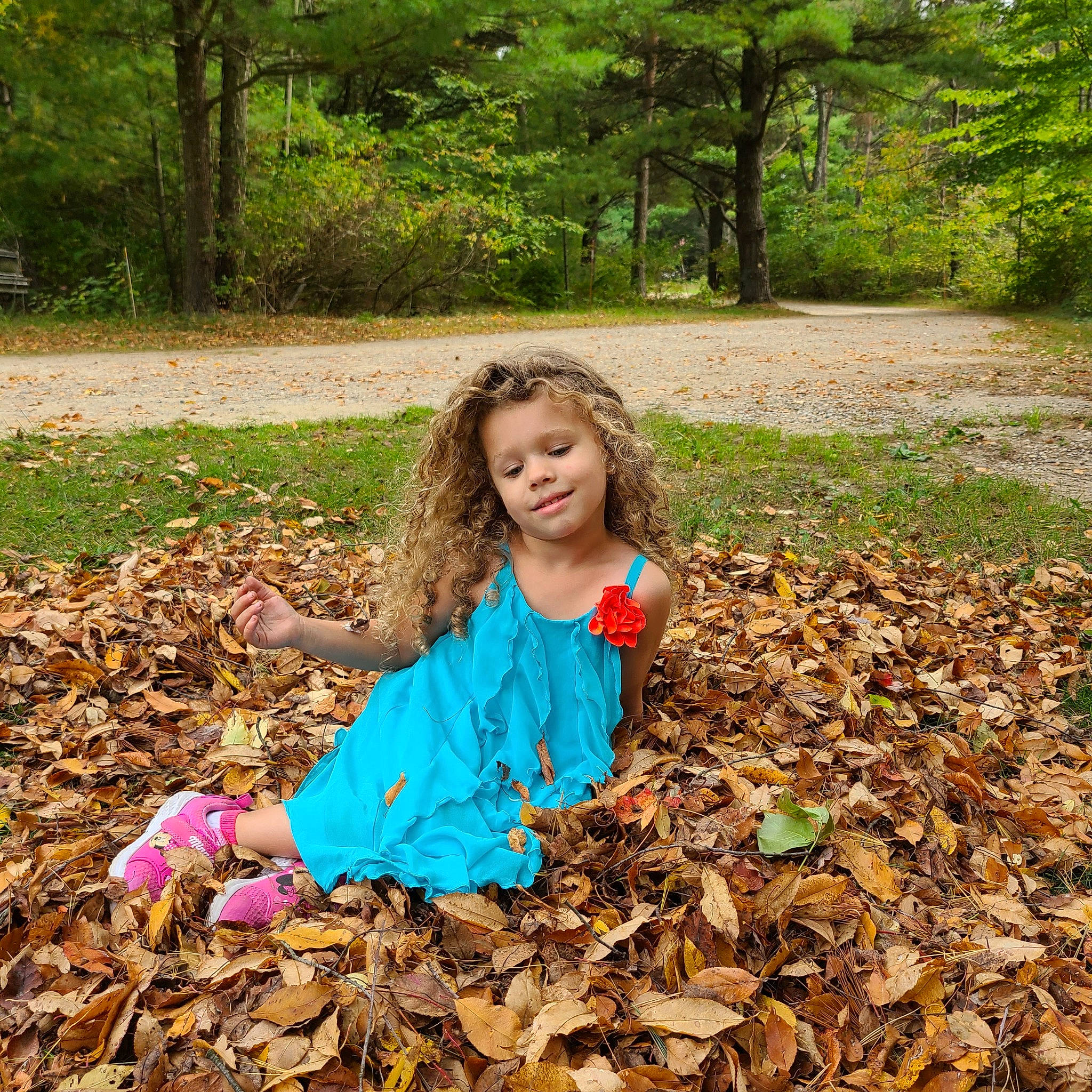 Brynn joined the competition — help win amazing prizes! branch, child, deciduous, dress, forest, grass, happy, joy, leaf, natural_landscape, people_in_nature, person, plant, smile, sunlight, tints_and_shades, toddler, tree, trunk, wood