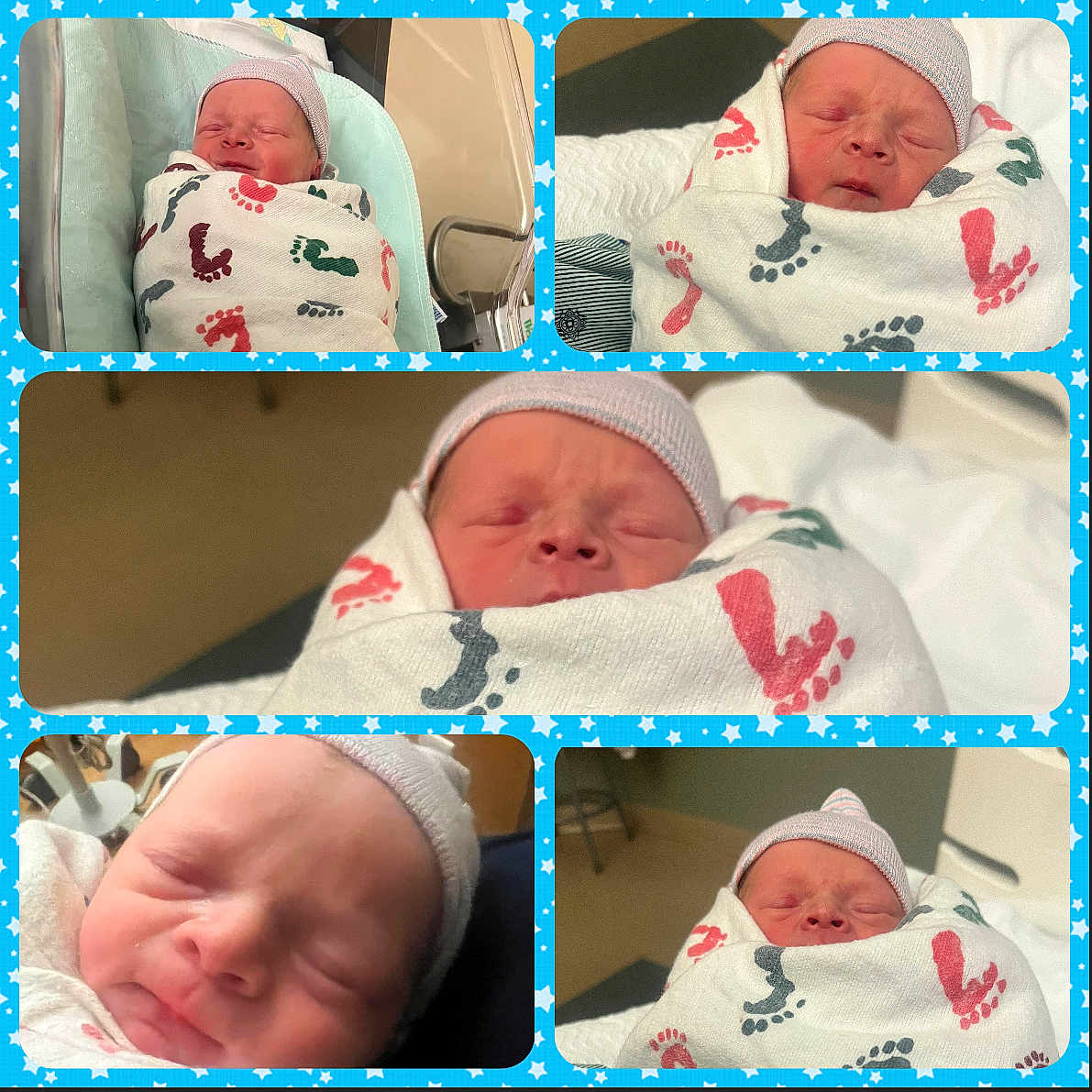 Hunter is registered to the contest to win money with this photo: baby, blanket, blue_border, child, collage, cute, footprints, hat, hospital, hospital_room, infant, newborn, newborn_hat, peaceful, portrait, sleep, sleeping, soft_lighting, swaddled, wrapped