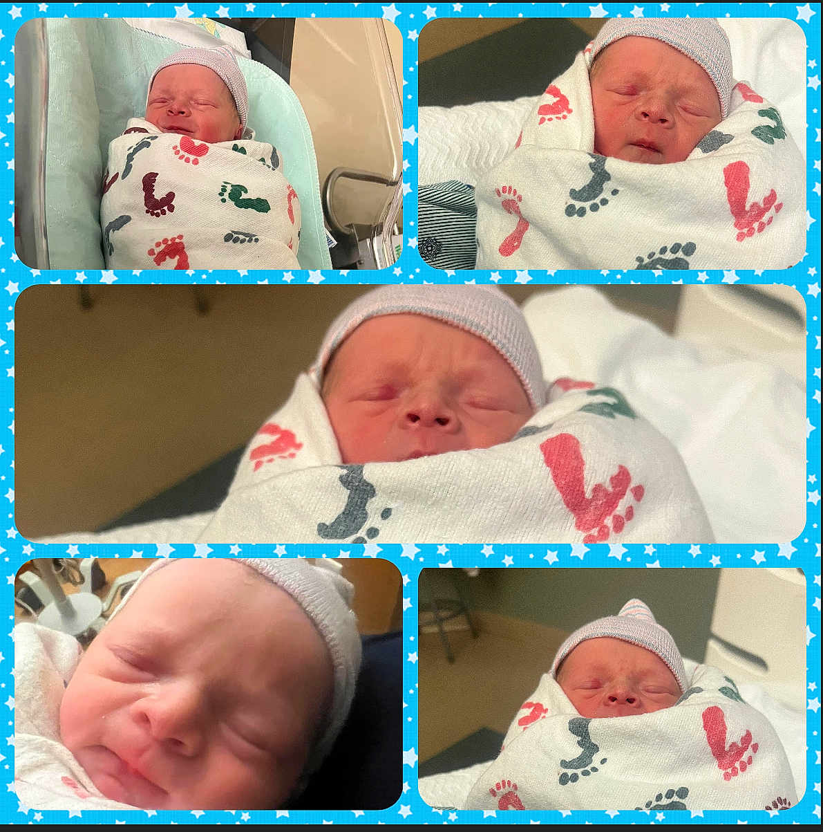 Hunter is registered to the contest to win money with this photo: newborn, baby, blanket, hospital, infant, sleeping, hat, wrapped, footprints, collage, cute, peaceful, portrait, child, soft_lighting, hospital_room, blue_border, newborn_hat, swaddled, sleep