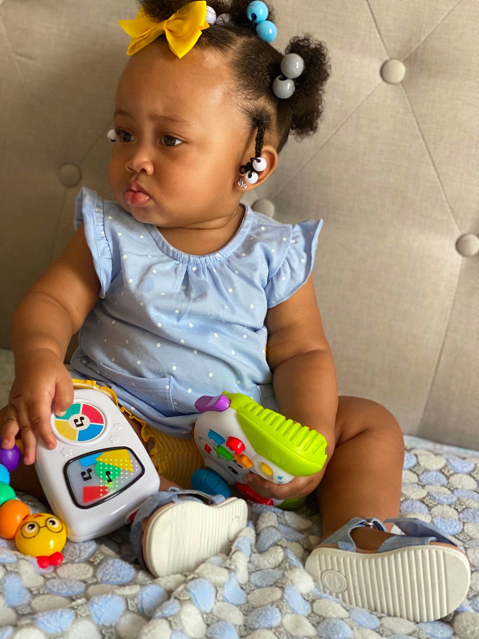 Kori joined the competition — help win amazing prizes! baby, baby_playing_with_toys, baby_products, baby_toddler_clothing, blue, cheek, child, finger, foot, fun, happy, leisure, person, play, shoe, sitting, skin, sneakers, toddler, white