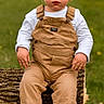 toddler, child, overalls, boots, outdoor, grass, logs, nature, portrait, serious, young_child, sitting, casual_clothing, fall, curly_hair, daylight, person, cute, innocent, baby