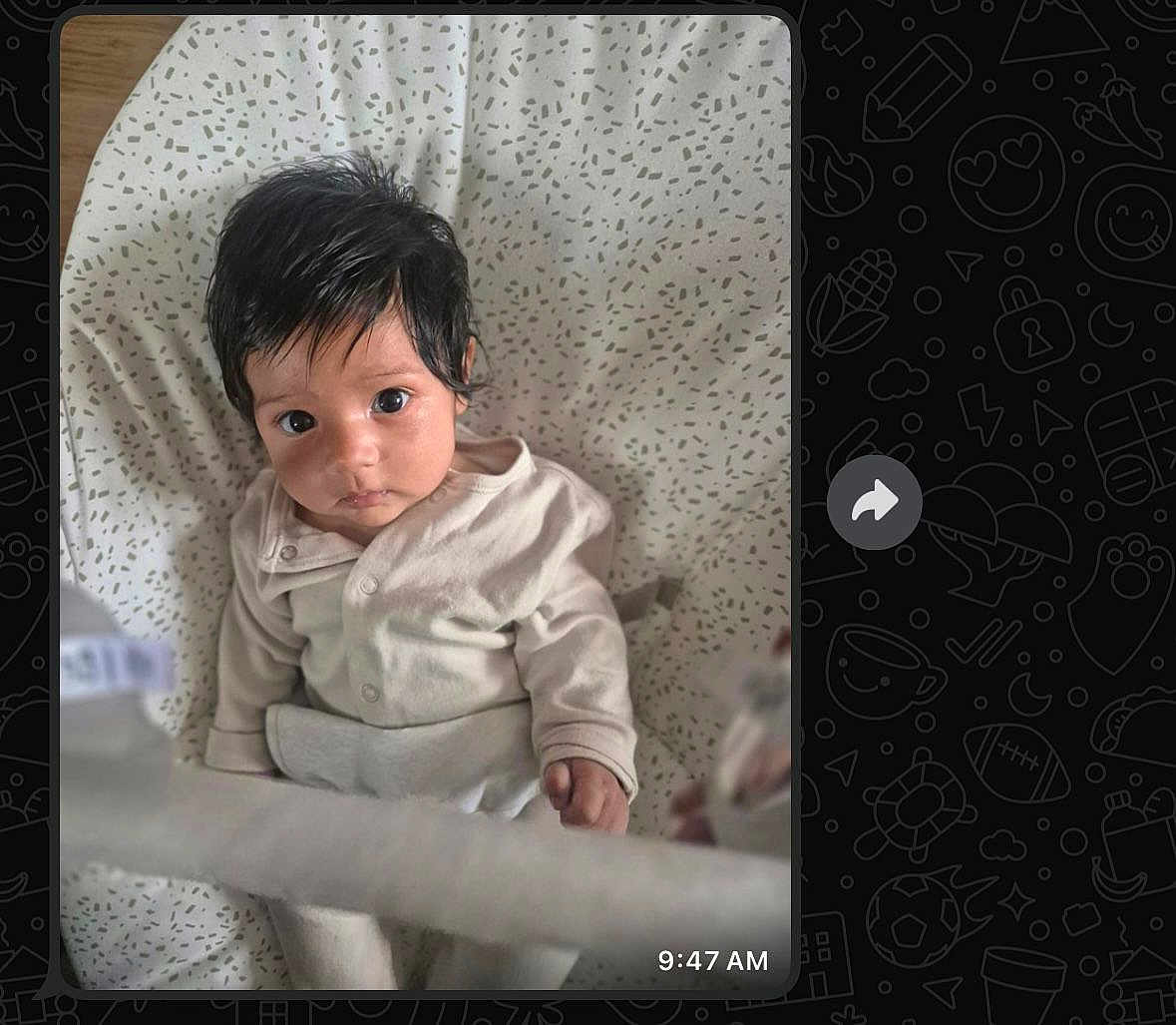 Kimaya is registered to the contest to win money with this photo: baby, infant, face, eyes, hair, pajamas, blanket, pattern, soft, cozy, indoor, portrait, child, cute, looking_up, small_hand, newborn, sleepwear, resting, closeup