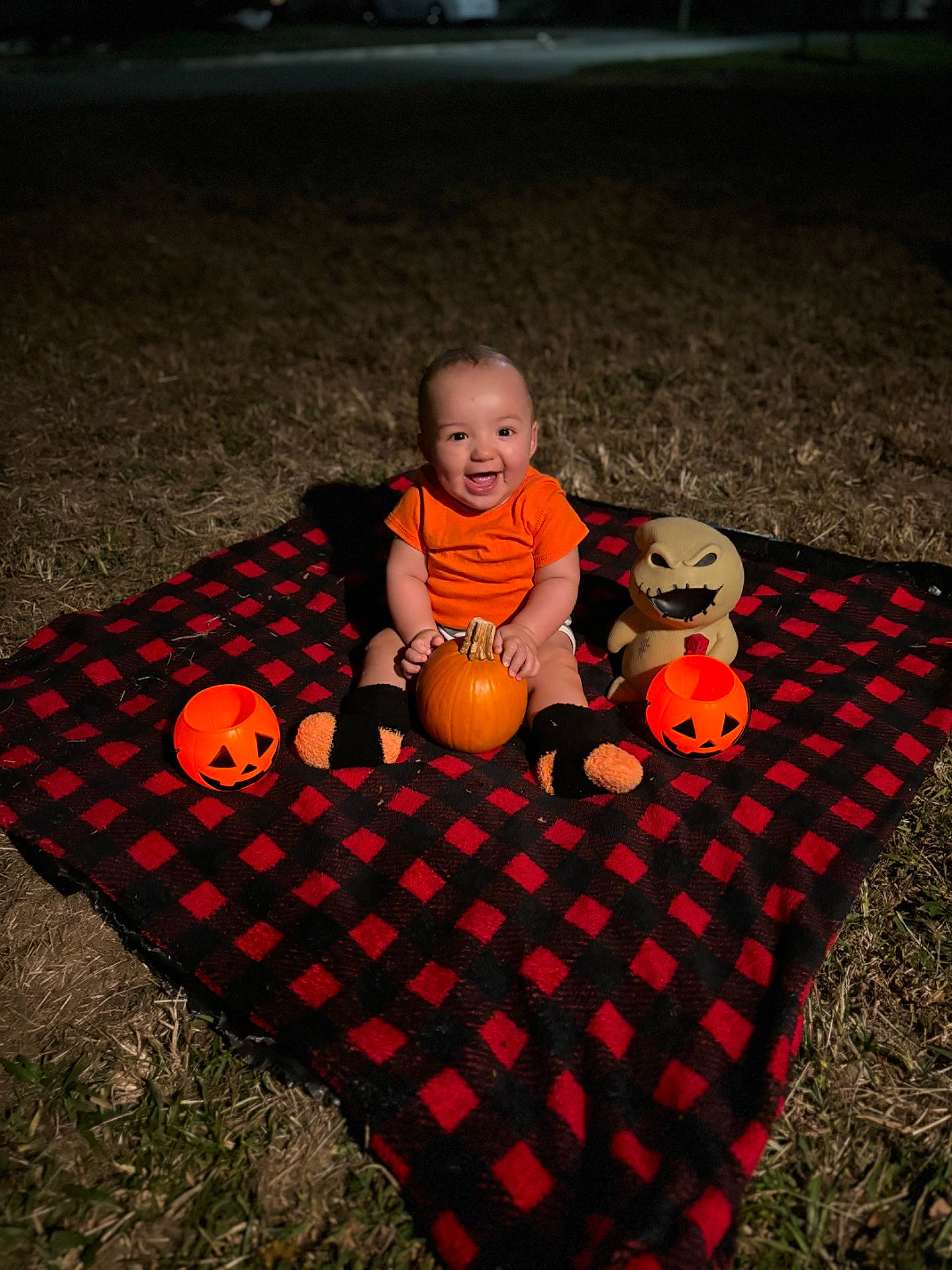 Azriel joined the competition — help win amazing prizes! baby, child, flooring, fun, grass, happy, lawn, leisure, mammal, orange, pattern, people, person, plant, pumpkin, recreation, sitting, toddler, toy, tree