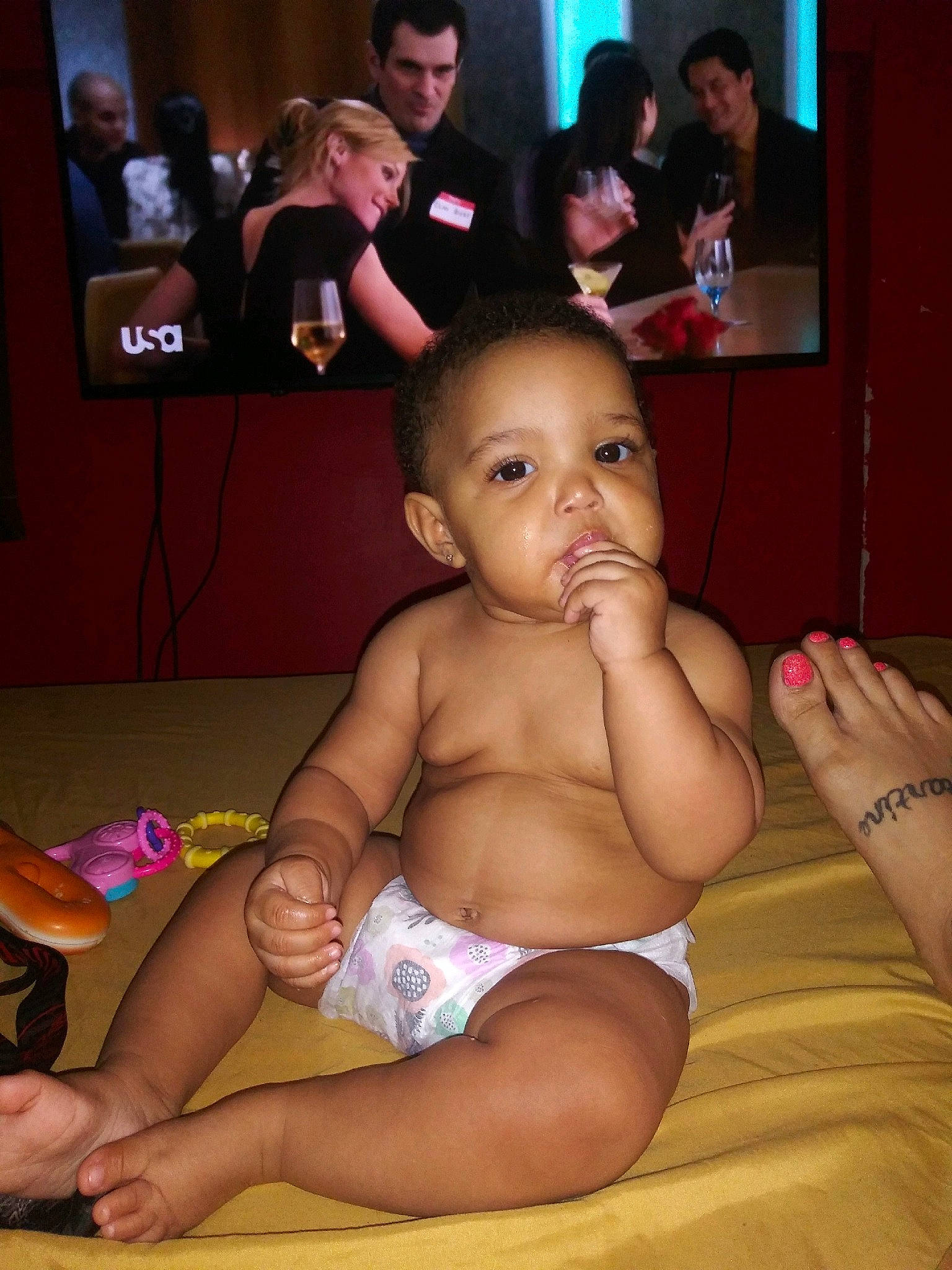 Constance joined the competition — help win amazing prizes! baby, barechested, child, leg, muscle, person, sitting, toddler