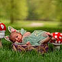 baby, infant, bunny_ears, basket, green_dress, grass, mushroom_stools, outdoor, nature, polka_dots, cute, lying_down, fairy_tale, child, portrait, soft_focus, whimsical, spring, garden, newborn