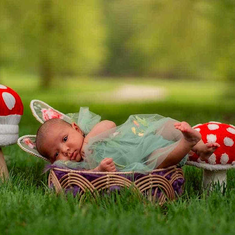 Ah'Laysha joined the competition — help win amazing prizes! baby, basket, bunny_ears, child, cute, fairy_tale, garden, grass, green_dress, infant, lying_down, mushroom_stools, nature, newborn, outdoor, polka_dots, portrait, soft_focus, spring, whimsical