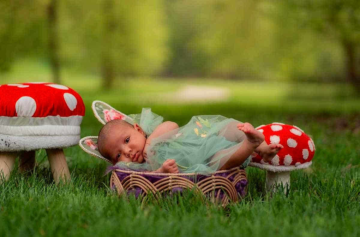 Ah'Laysha joined the competition — help win amazing prizes! baby, infant, bunny_ears, basket, green_dress, grass, mushroom_stools, outdoor, nature, polka_dots, cute, lying_down, fairy_tale, child, portrait, soft_focus, whimsical, spring, garden, newborn