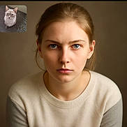 Stella a rejoint le concours — aidez-le/la à gagner de superbes lots ! animal, blue_eyes, cat, close_up, curious, face, female, head_and_shoulders, indoor, inset_image, light_brown_hair, looking_at_camera, neutral_background, person, pet, portrait, serious_expression, soft_lighting, sweater, woman