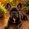 animal, black, brown, canine, close_up, dog, ears, flower_pot, flowers, french_bulldog, garden, golden_hour, nature, outdoor, paws, pet, portrait, sunlight, white_spot, wooden_deck