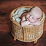 baby, newborn, sleeping, basket, wicker, blanket, infant, wood_floor, peaceful, resting, portrait, cute, child, soft_light, indoors, tender, small, face, skin, hands