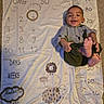 Ovrion joined the competition — help win amazing prizes! baby, child, infant, smiling, happy, portrait, milestone_blanket, lying_down, sitting, feet, toes, gray_shirt, green_pants, indoor, carpet, height_chart, numbers, clouds, animals, photography