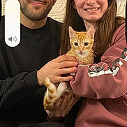 Bonbon a rejoint le concours — aidez-le/la à gagner de superbes lots ! casual_clothing, cat, colorful, couch, couple, friendly, happy, holding, home, human, indoor, orange_tabby, people, pet, portrait, relaxed, seated, smiling, wall_art, young_adult