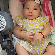 Sophia joined the competition — help win amazing prizes! baby, child, infant, stroller, dress, headband, socks, blanket, hands, face, person, cute, pink, purple, floral, footwear, seated, indoor, soft, adorable