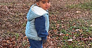 Cruz joined the competition — help win amazing prizes! autumn_leaves, blue_vest, blurred_background, candid, child, expression, face, gloves, grass, hoodie, looking_back, navy_sweatpants, outdoor, park, portrait, short_hair, sneakers, standing, toddler, trees