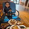 boots, boy, cafe, chair, child, coat, cookie, door, drink_bottle, eating, floor, highchair, interior, plate, rain_boots, sandwich, smiling, table, toddler, window
