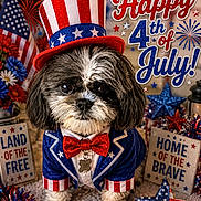 Olivia is registered to the contest to win money with this photo: american_flag, bow_tie, costume, dog, festive, fireworks, fourth_of_july, holiday_decorations, independence_day, indoor, jacket, patriotic, pet, portrait, red_white_blue, shih_tzu, sitting, stars_and_stripes, top_hat, uncle_sam_hat