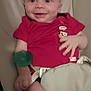 baby, child, smiling, red_shirt, pacifier, chair, safety_belt, infant, cute, happy, seated, indoors, skin, face, hand, legs, comfort, young_child, expression, portrait