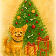 Teddy Bear is registered to the contest to win money with this photo: watercolor, illustration, dog, christmas_tree, presents, holiday, festive, bones, tennis_balls, decorations, ribbon, wrapped_gifts, smiling_dog, ears, tail, green, red, yellow, warm_colors, artwork