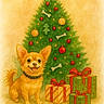 watercolor, illustration, dog, christmas_tree, presents, holiday, festive, bones, tennis_balls, decorations, ribbon, wrapped_gifts, smiling_dog, ears, tail, green, red, yellow, warm_colors, artwork