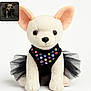 stuffed_animal, plush, dog, tutu, black_tutu, sequins, costume, cute, toy, fabric, ears, nose, eyes, sitting, white_background, small_dog, real_dog, comparison, fashion, accessory