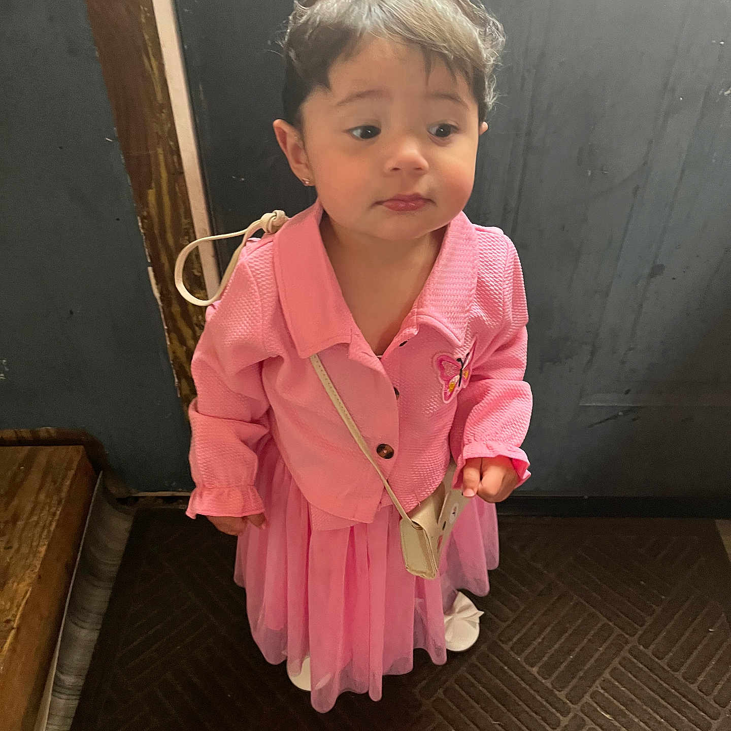 Metzli Garcia joined the competition — help win amazing prizes! accessory, bow, child, curious, cute, door, dress, fashion, floor_mat, footwear, girl, indoor, person, pink_jacket, portrait, purse, standing, tutu, wood, young_child