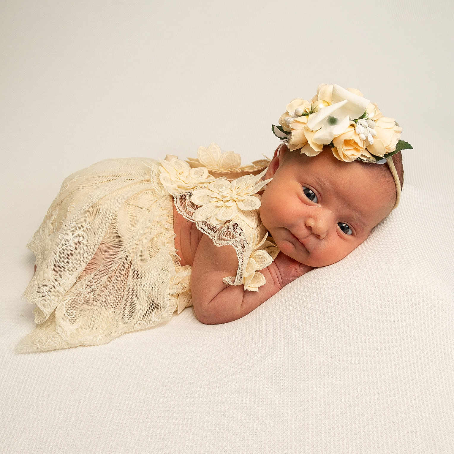 Harper is registered to the contest to win money with this photo: adorable, baby, child, closeup, cute, delicate, flower_headband, head, infant, lace, newborn, peaceful, portrait, resting, skin, sleepy, small, soft_texture, studio, white_background