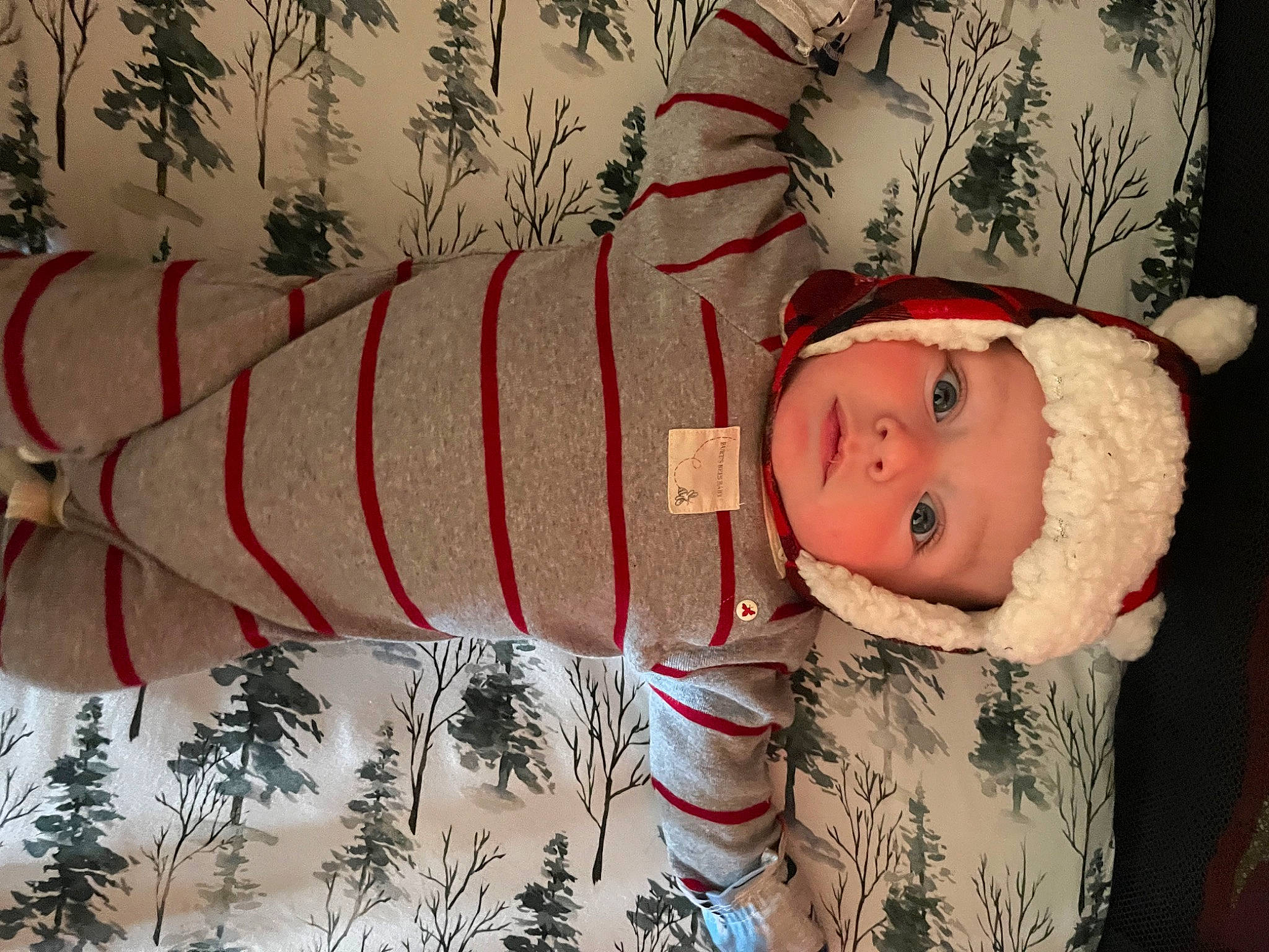 Orion is registered to the contest to win money with this photo: baby, baby_toddler_clothing, child, christmas, christmas_eve, costume_hat, event, fawn, fur, hat, headgear, headwear, holiday, human_body, pattern, person, plant, sleeve, sock, textile