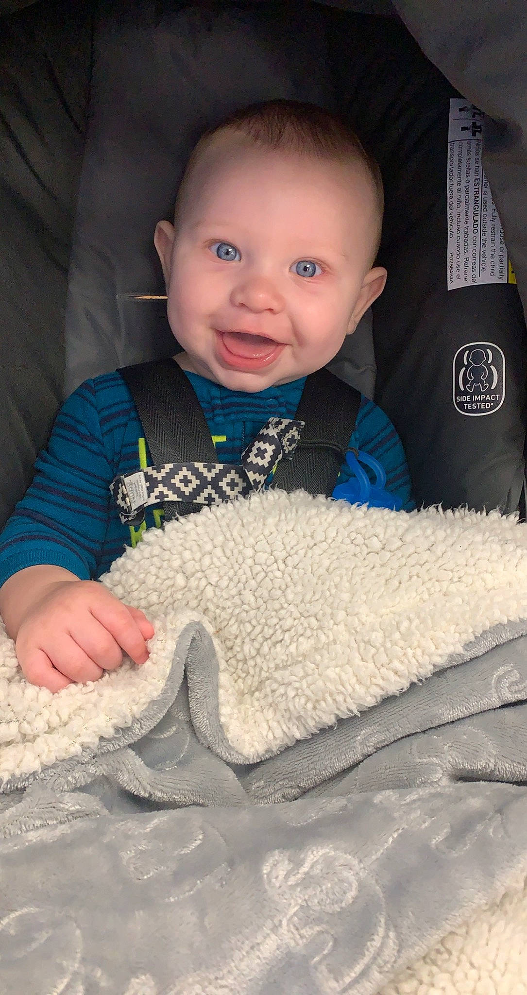 Lux joined the competition — help win amazing prizes! azure, baby, baby_toddler_clothing, cheek, child, comfort, electric_blue, eye, finger, grey, happy, linens, mammal, person, product, skin, sleeve, smile, t_shirt, textile