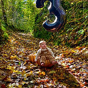 Gabriel participe au concours pour gagner de l'argent avec cette photo : baby, child, pumpkin, balloon, number_three_balloon, forest, leaves, autumn, fall, moss, path, sunlight, sitting, outdoor, nature, cute, portrait, foliage, overalls, ground