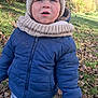 Kayden a rejoint le concours — aidez-le/la à gagner de superbes lots ! toddler, child, outdoor, autumn, leaves, knit_hat, scarf, blue_jacket, jeans, pacifier, curious, grass, nature, daylight, cold_weather, person, young_child, casual_clothing, footwear, expression