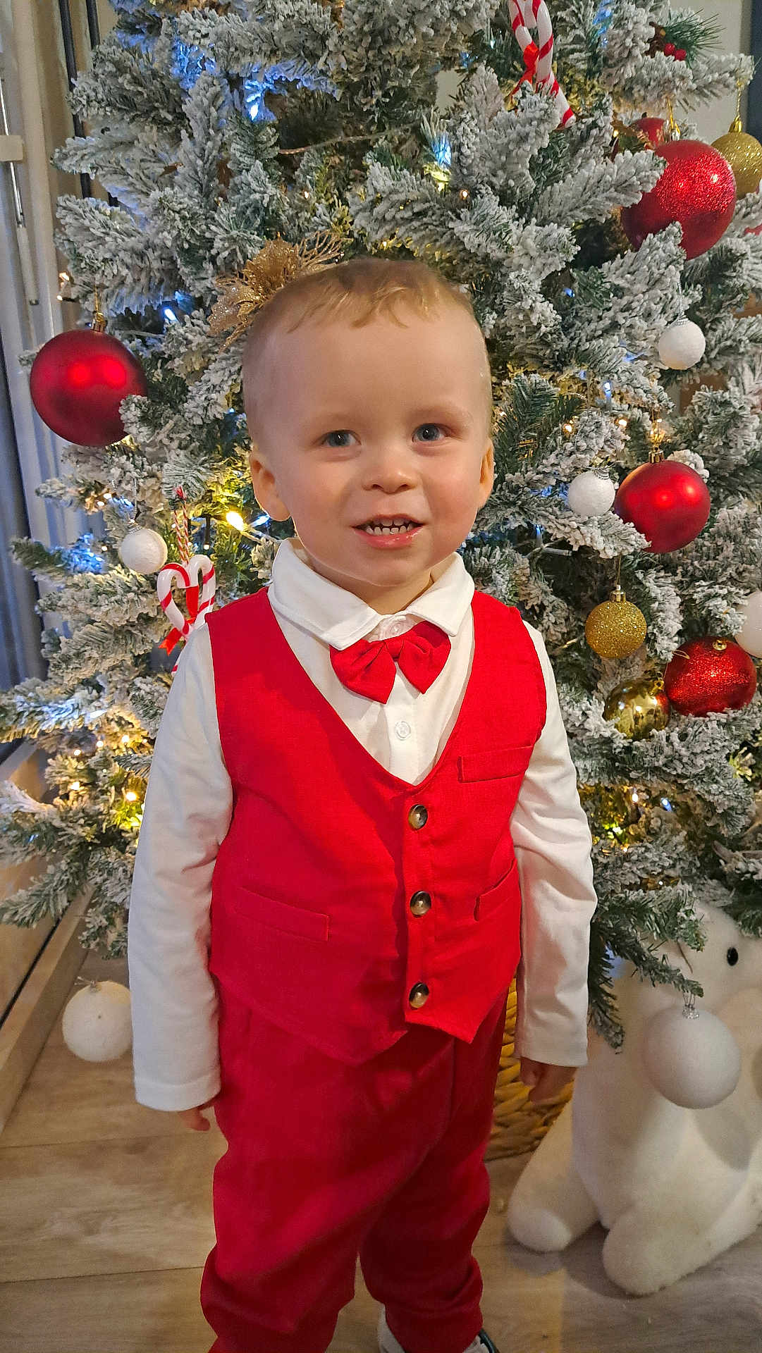 Kayden participe au concours pour gagner de l'argent avec cette photo : child, boy, red_vest, bow_tie, christmas_tree, ornaments, holiday, smiling, indoor, decorations, plush_toy, polar_bear, festive, happy, portrait, winter, celebration, white_shirt, floor, home