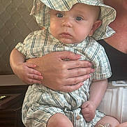 Tom is registered to the contest to win money with this photo: accessories, baby, baseballcap, blouse, bonnet, bracelet, cap, clothing, dress, face, hat, head, jewelry, pants, person, photography, portrait, ring, sitting, t_shirt