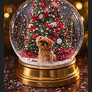 Ginger joined the competition — help win amazing prizes! dog, snow_globe, christmas_tree, holiday, festive, snow, ornaments, poinsettia, lights, decoration, gold_base, cute, small_dog, winter, indoor, celebration, sparkle, seasonal, warm_lighting, background_blur