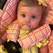 Athena joined the competition — help win amazing prizes! baby, pacifier, car_seat, yellow_clothing, pink_plaid, bow, child, infant, face, blue_eyes, hair, cute, sitting, child_seat, safety_harness, portrait, indoor, person, closeup, adorable