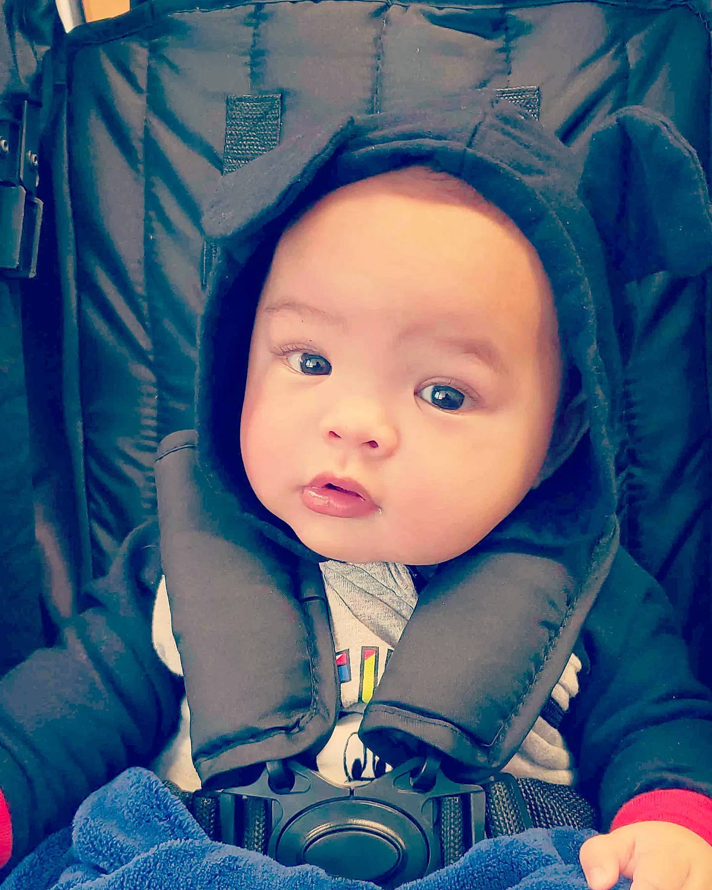 Gavin is registered to the contest to win money with this photo: azure, baby, baby_carriage, baby_in_car_seat, car_seat, cheek, child, cloud, comfort, cool, electric_blue, eye, eyebrow, facial_expression, happy, headwear, iris, outerwear, person, photograph