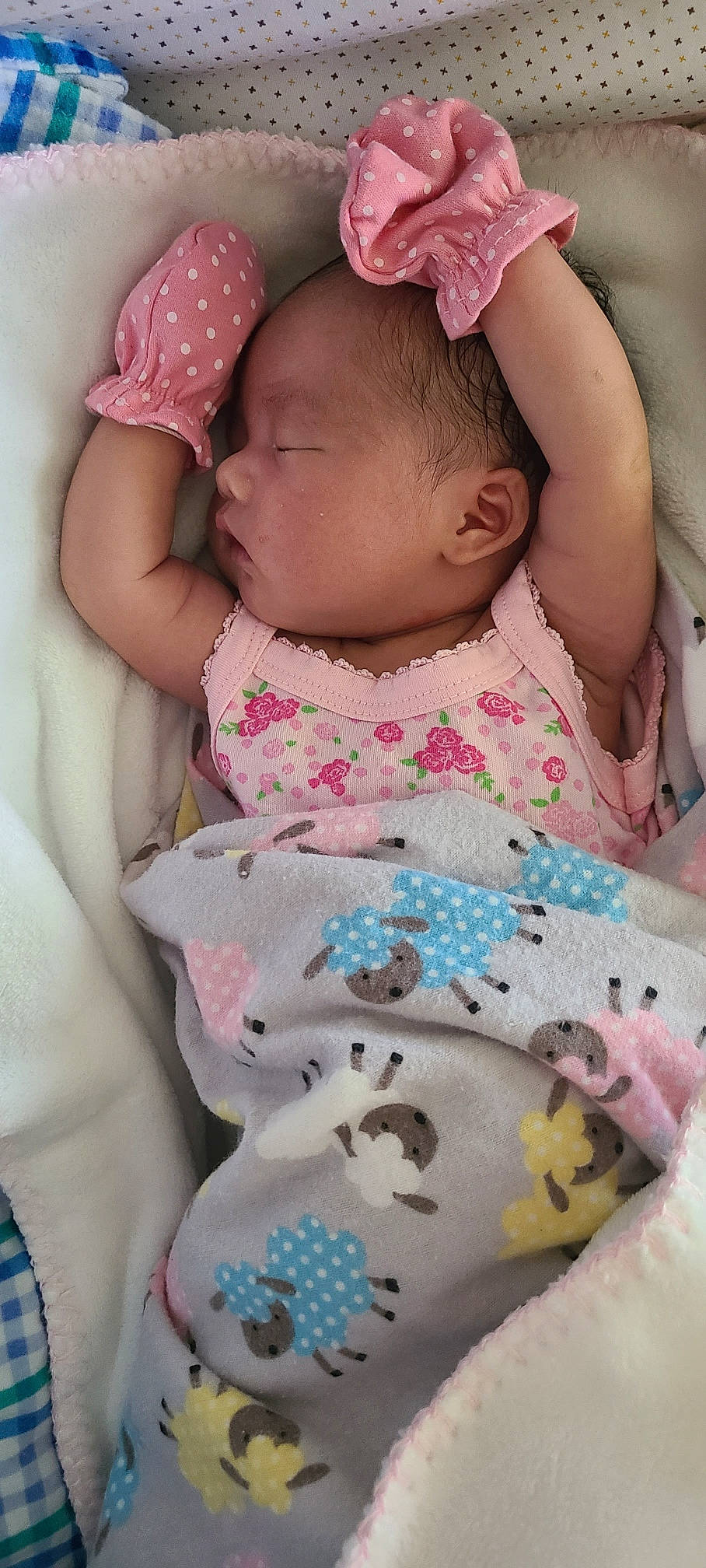 Irene is registered to the contest to win money with this photo: arm, baby, baby_sleeping, baby_toddler_clothing, cheek, child, comfort, dress, eye, eyelash, headgear, linens, lip, nose, pattern, person, pink, skin, sleeve, textile