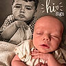 baby, newborn, child, siblings, portrait, sleeping, serious_expression, sitting, close_up, indoor, blanket, checkered_shirt, baby_clothing, family, infant, face, hands, cozy, sepia, text_overlay