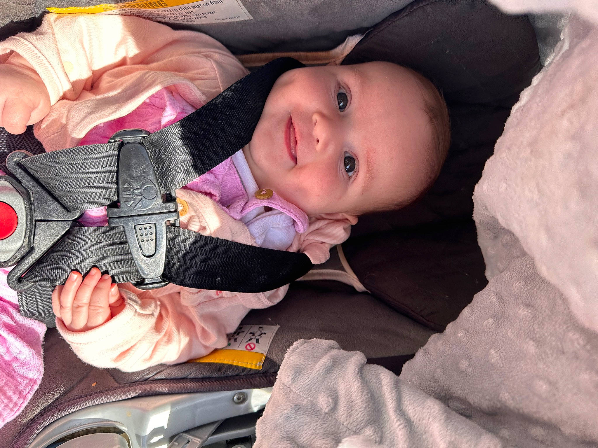 Bayleigh is registered to the contest to win money with this photo: baby, baby_carriage, baby_products, baby_toddler_clothing, car_seat, cheek, child, comfort, fun, joy, person, sitting, skin, smile, toddler, tree, winter