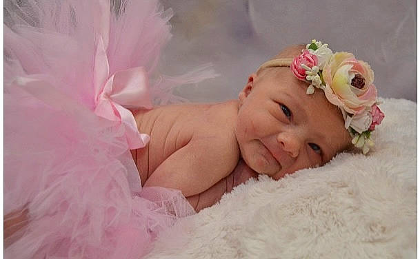 Lilianna joined the competition — help win amazing prizes! baby, baby_toddler_clothing, child, comfort, dress, embellishment, face, flash_photography, hair_accessory, happy, headband, headgear, headpiece, headwear, iris, linens, person, petal, pink, skin