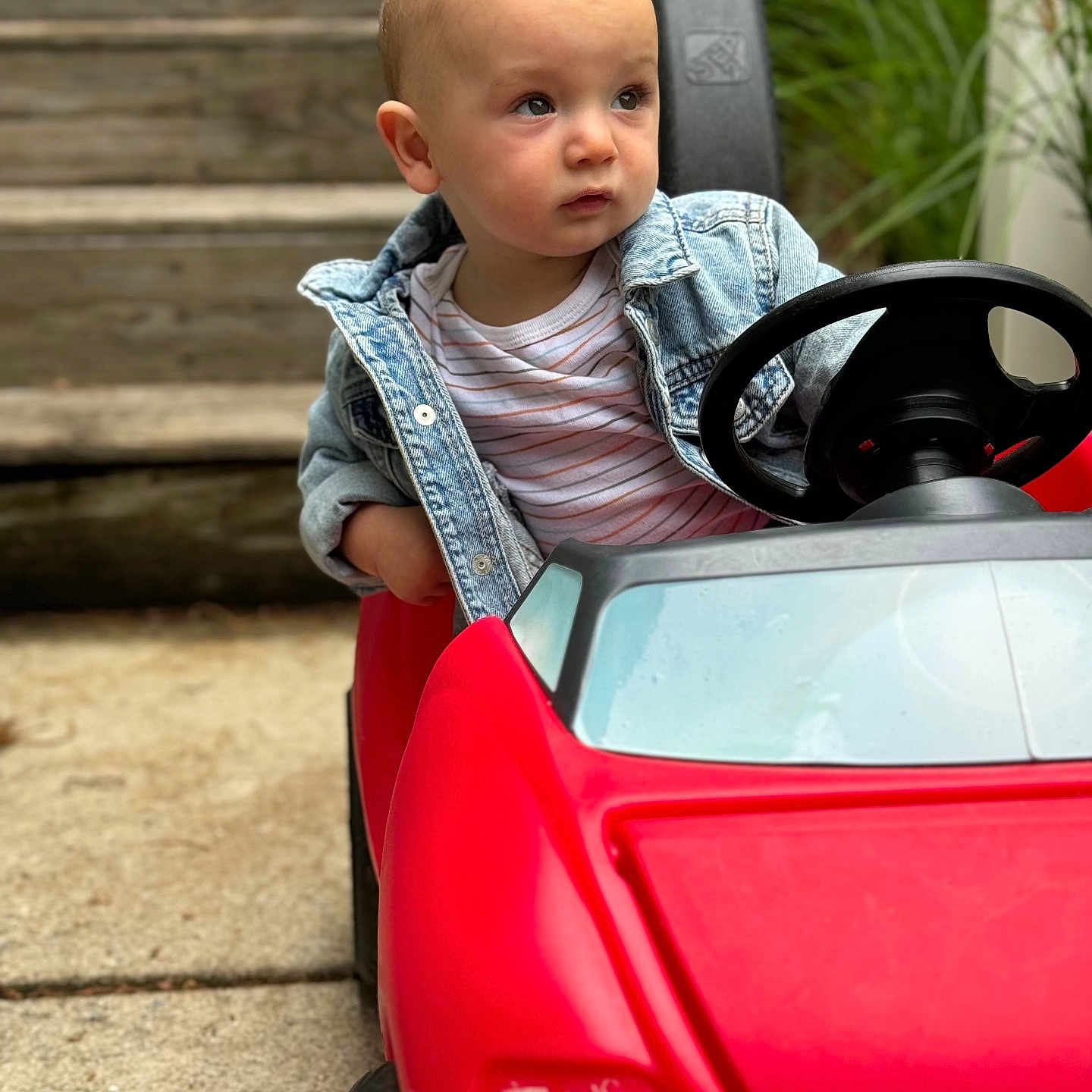 Giovanni is registered to the contest to win money with this photo: alloywheel, baby, car, clothing, coat, face, grass, head, jacket, jeans, machine, pants, person, photography, plant, portrait, sitting, transportation, vehicle, wheel