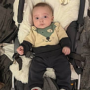 Andrea participe au concours pour gagner de l'argent avec cette photo : baby, infant, baby_carrier, blanket, plush_toys, sneakers, clothing, face, person, indoor, soft_toys, cushion, cute, seated, child, footwear, expression, comfort, warm, young