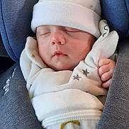 Joan participe au concours pour gagner de l'argent avec cette photo : baby, sleeping, infant, car_seat, hat, white_clothing, stars, cozy, wrapped, child, newborn, cute, peaceful, resting, soft, warm, hands, face, headwear, comfort
