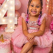 Londyn Rose is registered to the contest to win money with this photo: child, birthday, girl, smiling, portrait, pink, tutu, dress, tiara, braids, sparkles, cake, number_four, balloons, fairy_lights, chair, seated, indoor, celebration, photography