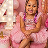 balloons, birthday, braids, cake, celebration, chair, child, dress, fairy_lights, girl, indoor, number_four, photography, pink, portrait, seated, smiling, sparkles, tiara, tutu