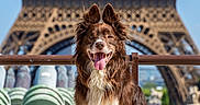 Molo participe au concours pour gagner de l'argent avec cette photo : dog, border_collie, pet, animal, fluffy, long_hair, brown_and_white, sitting, smiling, open_mouth, tongue, pointed_ears, outdoor, paris, eiffel_tower, landmark, travel, tourism, blue_sky, sunlight