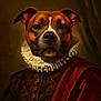 dog, portrait, renaissance, costume, ruffled_collar, brown_fur, animal, face, noble, vintage, artistic, classic, elegant, historical, painting_style, canine, serious_expression, dark_background, clothing, buttoned_jacket