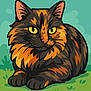illustration, digital_art, cat, fluffy_cat, orange_fur, black_fur, yellow_eyes, sitting, grass, background, cartoon, stylized, animal, pet, cute, feline, artwork, colorful, nature, portrait