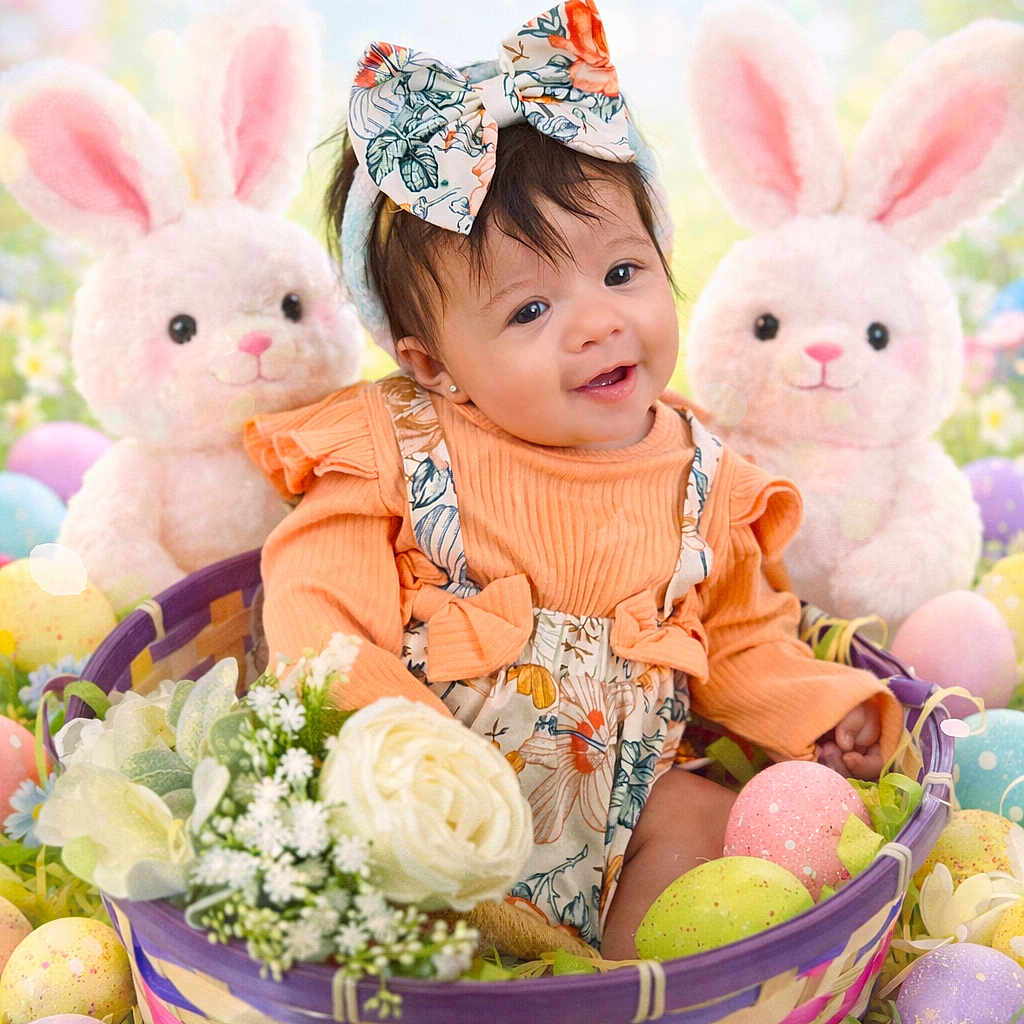 Rayleigh joined the competition — help win amazing prizes! baby, child, easter, basket, eggs, flowers, bunny_plush, pastel_colors, bow, smiling, holiday, spring, cute, celebration, floral, outdoor_background, soft_toys, portrait, festive, colorful