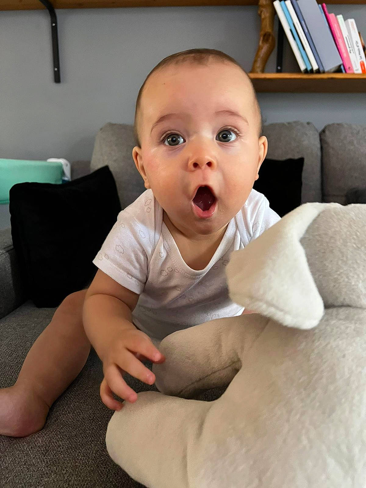 Bryan participe au concours pour gagner de l'argent avec cette photo : baby, baby_toddler_clothing, bookcase, cheek, chin, comfort, eye, floor, flooring, hairstyle, human_body, leg, lip, mouth, neck, nose, person, shelf, skin, sleeve